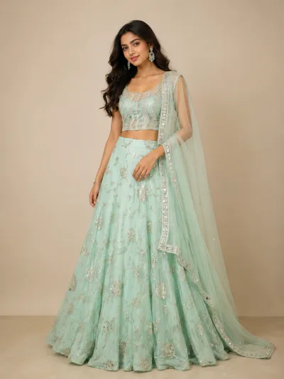 Light Blue Lehenga Adorned in Floral Sequins with Dupatta